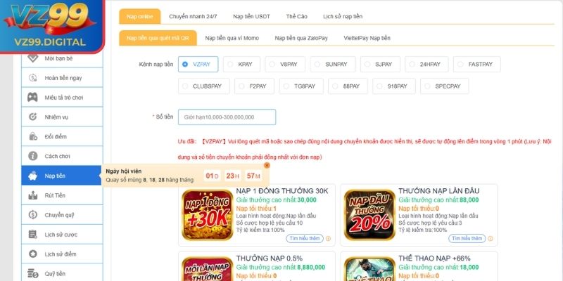 Phương thức nạp rút tiền VZ99 phổ biến